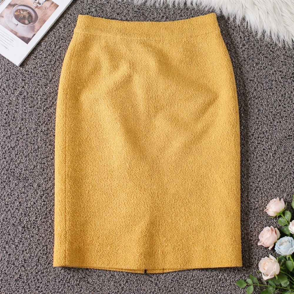 J. Crew 6 Mustard Yellow Wool Boucle Pencil Skirt Rear Zip Professional 2008